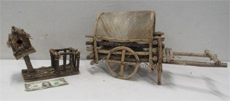 Outdoor Art - Hand Crafted Stick Wagon and Birdhouse