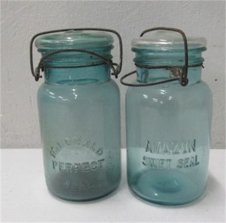 Vintage Blue Mason Jar Pair