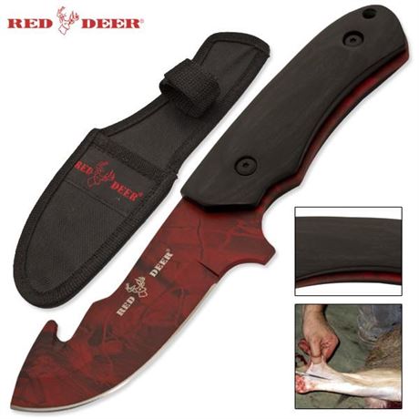 Red Deer Wooden Handle Hunting Knife Full Tang - Orange Camo