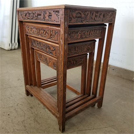 Antique Ornately Carved Natural Wood Nesting Tables