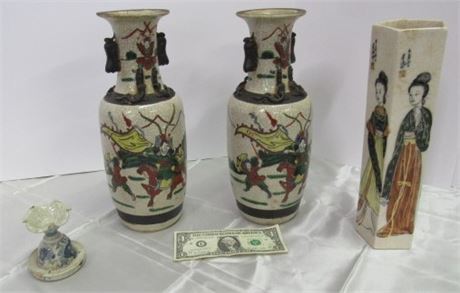 Antique 1950s Taiwanese Vase, Chinese Vases w/Battle Scene, & Ink Well