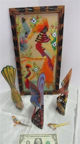 Assorted Antique Bird Carvings/Hand Painted & Bird Feather Artwork