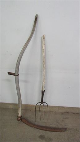 Antique Scythe & Pitch Fork