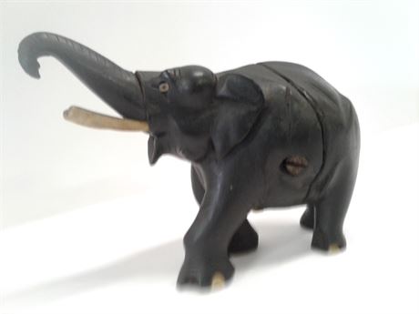 Vintage Ebony Carved Elephant w/ Ivory Tusks & Toes from India Circa 1940