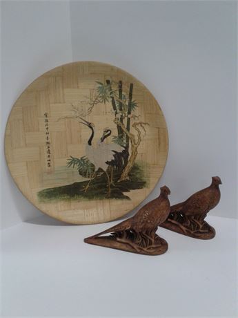 Vintage Bird Bamboo Plate & Bird Figurines