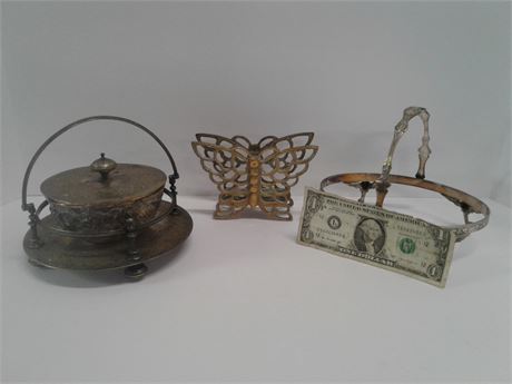 Vintage Brass Butterfly Napkin Holder w/ Misc Vintage Bowls & Holders