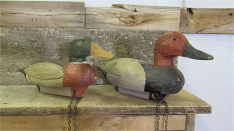 2 Hand Carved & Painted Wood Ducks