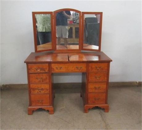 Awesome 1950s Custom Made Cherry Vanity with Flip Top & Tri Fold Mirror