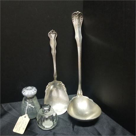 Antique Salt & Pepper, Ladel (appears to be marked sterling), and Serving Spoon