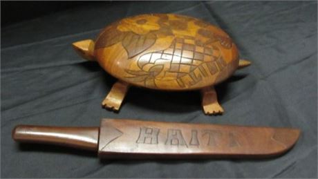 Carved Turtle Box and Knife w/ Sheath from Haiti