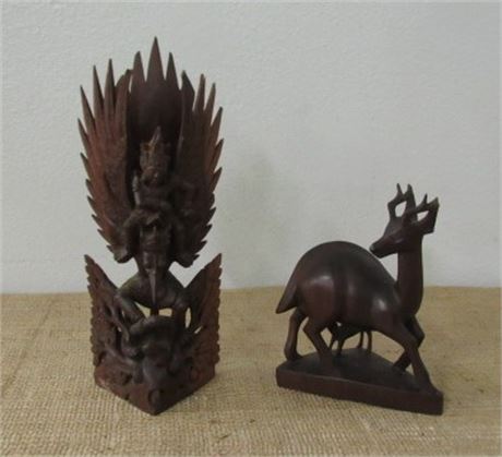 Balinese Carved Wooden Garuda and Balinese Nursing Deer