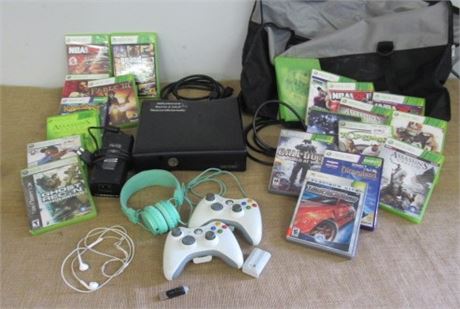 XBox 360 w/ Two Controllers, Headset, and Games