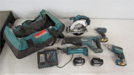 Makita Tool Kit w/ Rolling Bag - All 5 Tools Work, 2 Batteries, Charger