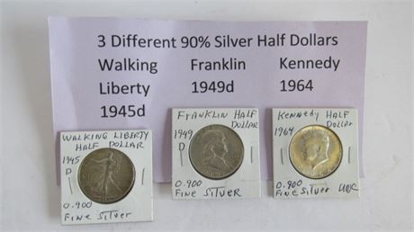 3 Different .900 Fine Silver Half Dollars