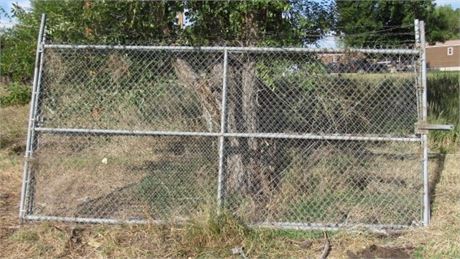 Two Large Chain Link Gate Panels - 15'x7' plus 1' Barbed Wire