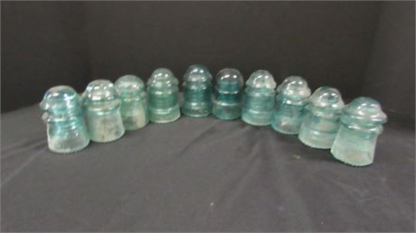 10 Vintage Green Glass Insulators