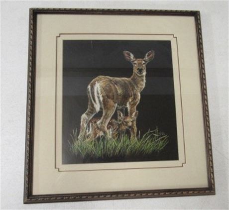 M. Grant Signed, Framed Doe/Fawn Print  15x16