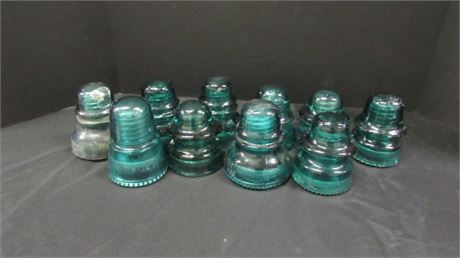 10 Vintage Green Glass Insulators