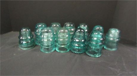 10 Vintage Green Glass Insulators