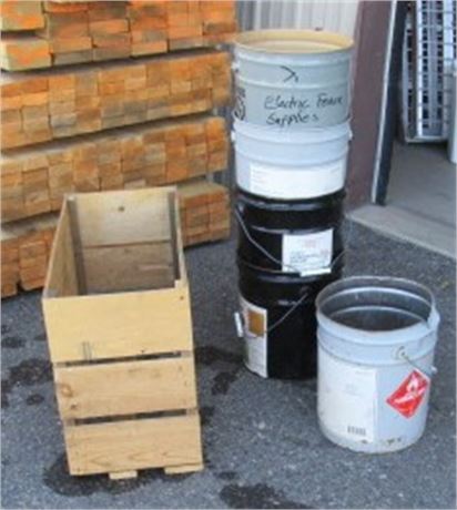 5 Metal 5 Gallon Pails and a Wooden Crate