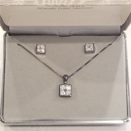 Sterling Silver Cubic Zirconia Matching Necklace/Earrings Set