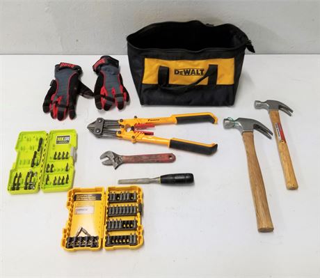 Assorted Hand Tools & Dewalt Bag
