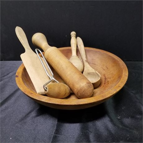 Antique Wood Bowl & Kitchen Items