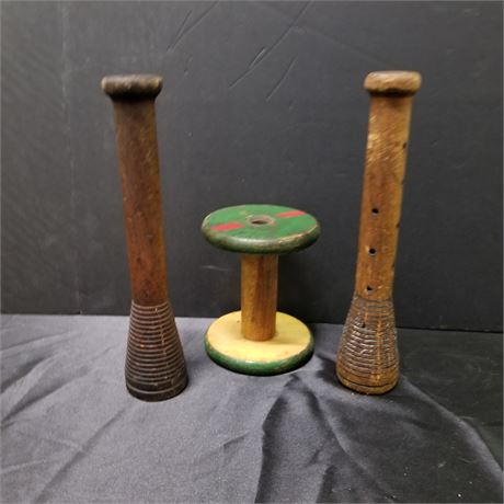 Antique Wood Textile Spool & Bobbins