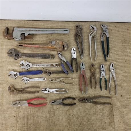 Assorted Pipe & Adjustable Wrenches & Pliers