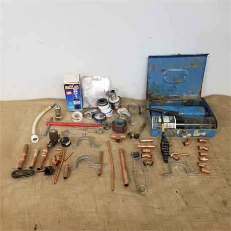 Assorted Copper Fitting/Plumbers Kit (bottles are empty)