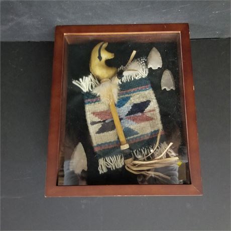 Framed Native American Rattle and Arrow Heads - 9x11