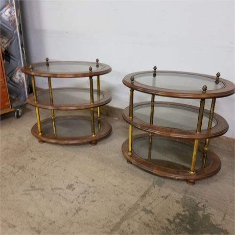 Two 3 Tier Glass/Wood Accent Tables - 26x20