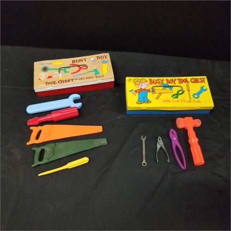 Vintage Toy Tool Kits - Metal Boxes, Plastic Tools
