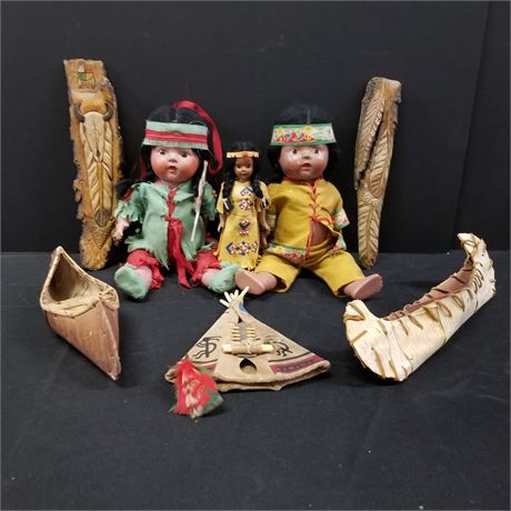 Assorted Native American Toys - Birch Bark Canoes, Tipi, Dolls, Wall Hangings