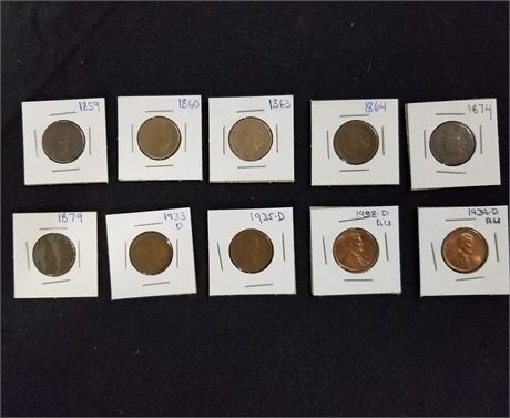 1933 D, 1935 D, 1938 D,1939 D Lincoln Wheat Pennies AU Condition and Some Indian