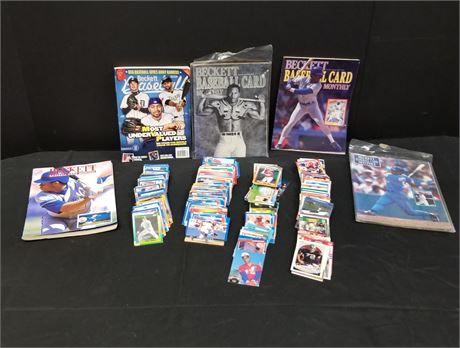 Assorted Baseball and Football Trading Cards w/ Card Magazines