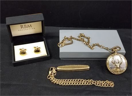 Nice Pocket Watch, Knife, and Cuff Link Set