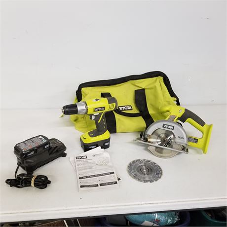 Ryobi 18v Drill and Circular Saw w/ Batteries, Charger, and Bag