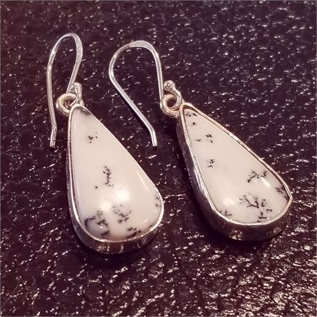 Sterling Silver Black Spot Jasper Stone 1"Dangle Earrings