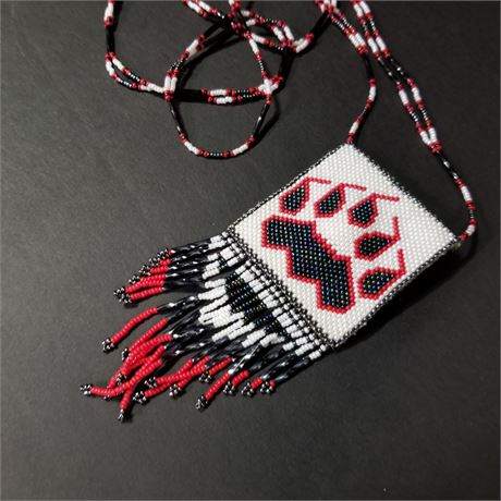 Native American Beaded Bear Paw Medicine Pouch Necklace