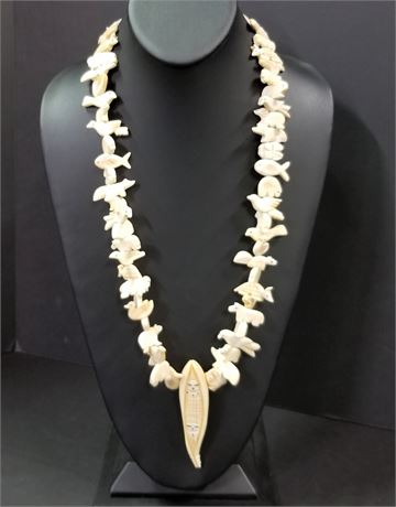 Native American Handmade Bovine Bone Carved Necklace Corn Maiden / Animal Fetish