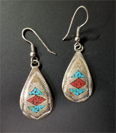 Sterling Inlaid 1" Inch Earrings...Maker Marked