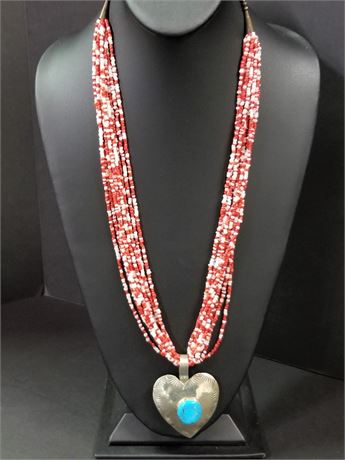 Native American Beaded w/ Turquoise Stone in Heart Necklace