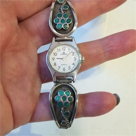 Sterling Inlaid Turquoise Flower Watch Band & Watch