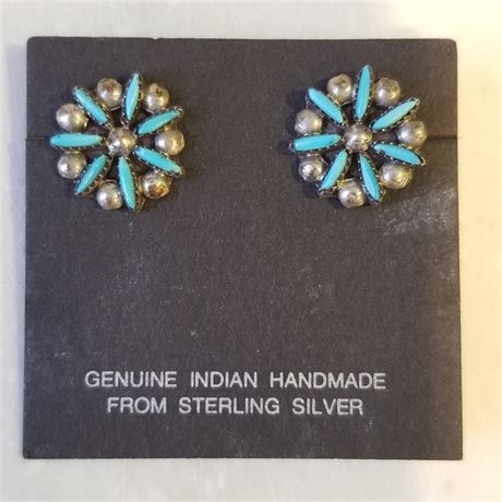 Genuine Native American Handmade Sterling & Turquoise Earrings