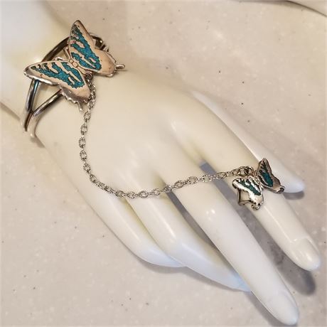 Sterling Over Stainless Inlaid Turquoise Silver Butterfly Bracelet w/ Ring..Sz 5