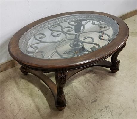 Nice Wood w/ Ornate Design in Glass Top Coffee Table...48x34x20