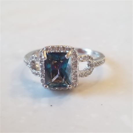 925 Sterling Silver 6.8 MM Emerald Cut Created Blue Mystic Gemstone Ring..SZ 7