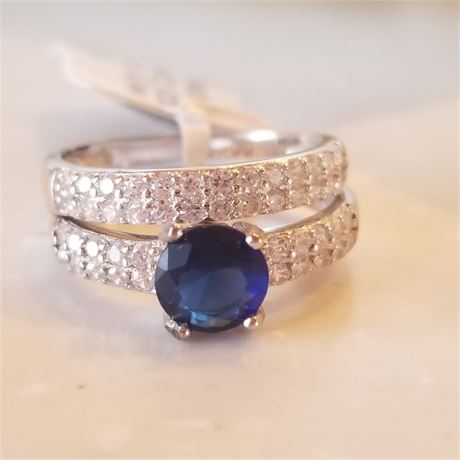 Sterling Created Blue Sapphire Wedding Ring Set..Sz 6 New!