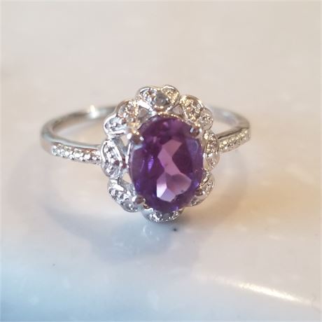 925 Sterling Silver 1.10 CT Amethyst & Diamond Cocktail Ring...Sz 7  New!